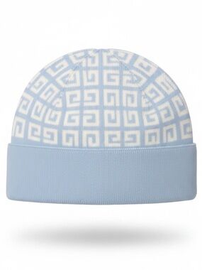 Givenchy Double Face Wool Cashmere Logo Beanie Blue Ivory NWT